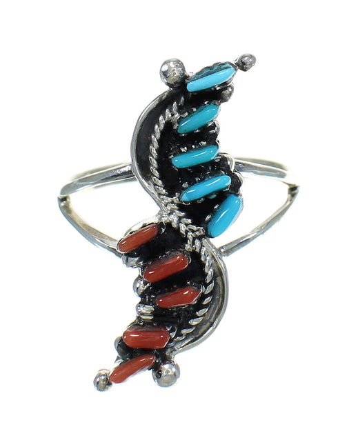 Turquoise And Coral Needlepoint Sterling Silver Ring Size 8-1/4 FX91946